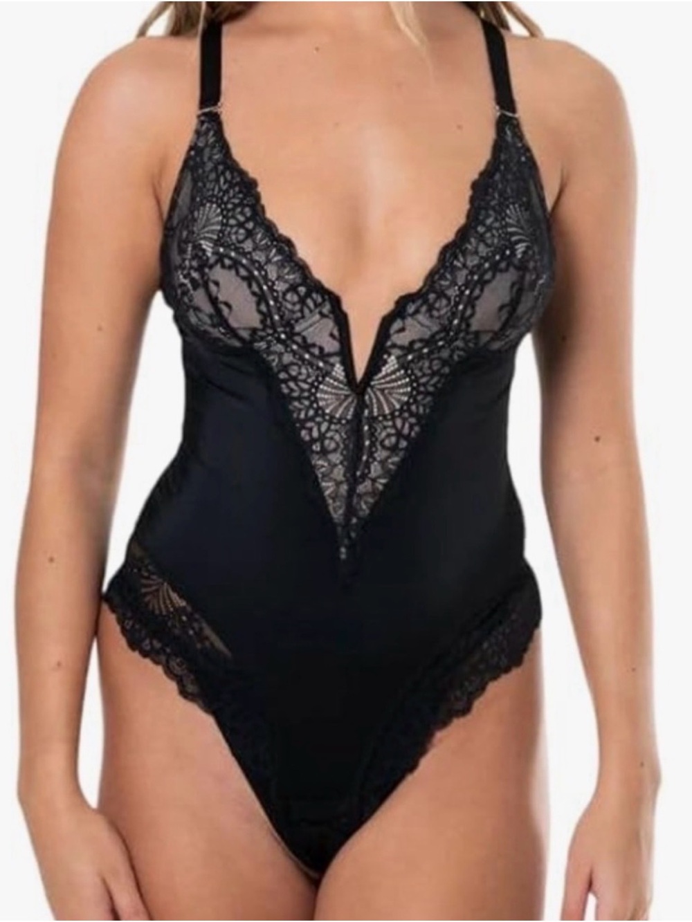 Heyshape Black Bodysuit V-neck Lace Bodyshaper Thong Shapewear NWT Size Small